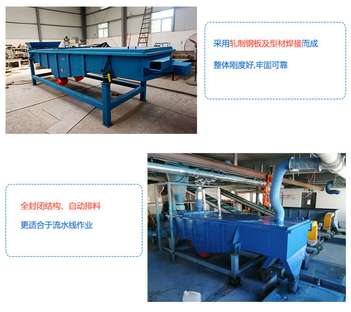 大型直線振動(dòng)篩采用軋制鋼板整體剛度好，全封閉結(jié)構(gòu)，自動(dòng)排料。