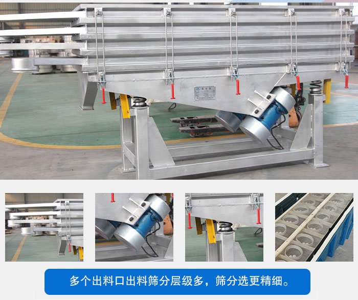 多層直線振動篩結(jié)構(gòu)優(yōu)勢：出料口多層選擇，振動電機，震動彈簧減輕振動體的磨損，彈跳球和擋球環(huán)。