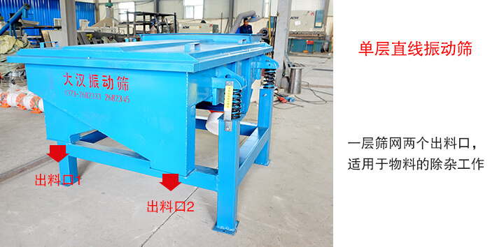 單層直線振動篩由一層篩網(wǎng)兩個出料口，適用于物料的除雜工作。